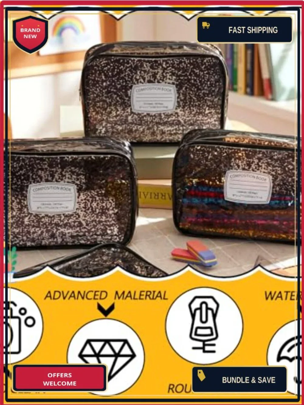 12 Pack Clear PVC Waterproof Cosmetic Bags, Composition Book Zipper Pouches,
